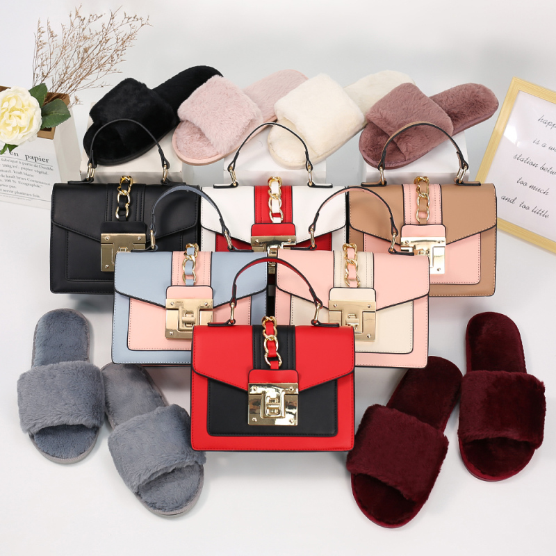 Winter Two-Piece Set Plush Slippers And Leather Hardware Lock Bag Handbag