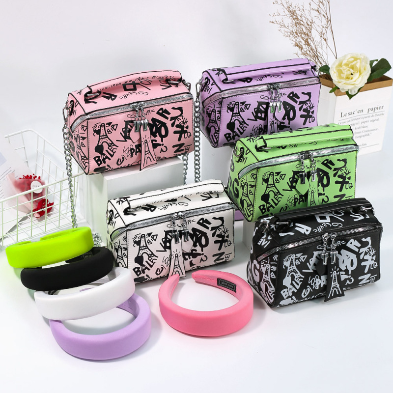 New Fashion Graffiti Women Hand Bags And Hair Band 2 Pieces Set Ins Popular Crossbody Messenger Bags Purses And Handbags Women