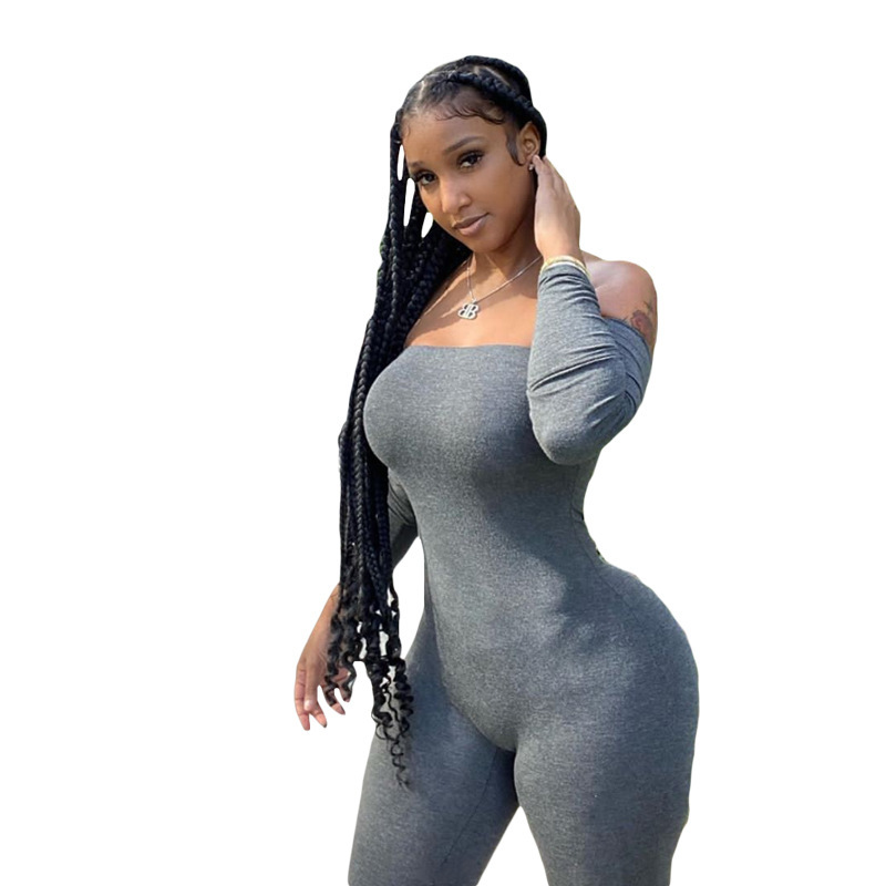 Ins New Summer Elastic Women'S Sexy One-Shoulder Tight Sports Jumpsuit And Send Sleeves