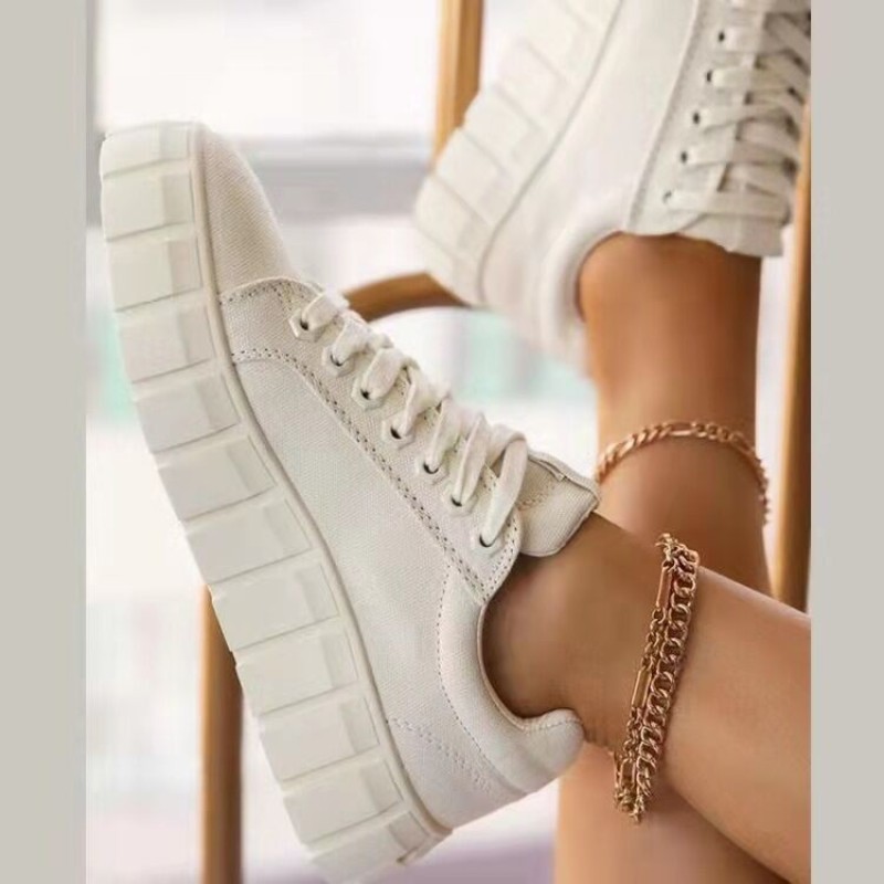 New Round Toe Thick-Soled Front Lace-Up Canvas  Women'S Foreign Trade Platform Shoes White Shoes Printing Single Shoes