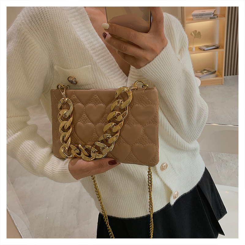 Euro-American Grid Thick Chain Portable Small Square Bag Pu Leather Ladies Handbags Ins Texturer Trend Messenger Handbags Ladies