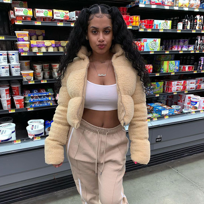 Women'S Clothing New Autumn And Winter Women'S Pure Color Fashion Stand-Up Collar Zipper Long-Sleeved Warm Lamb Cotton Jacket