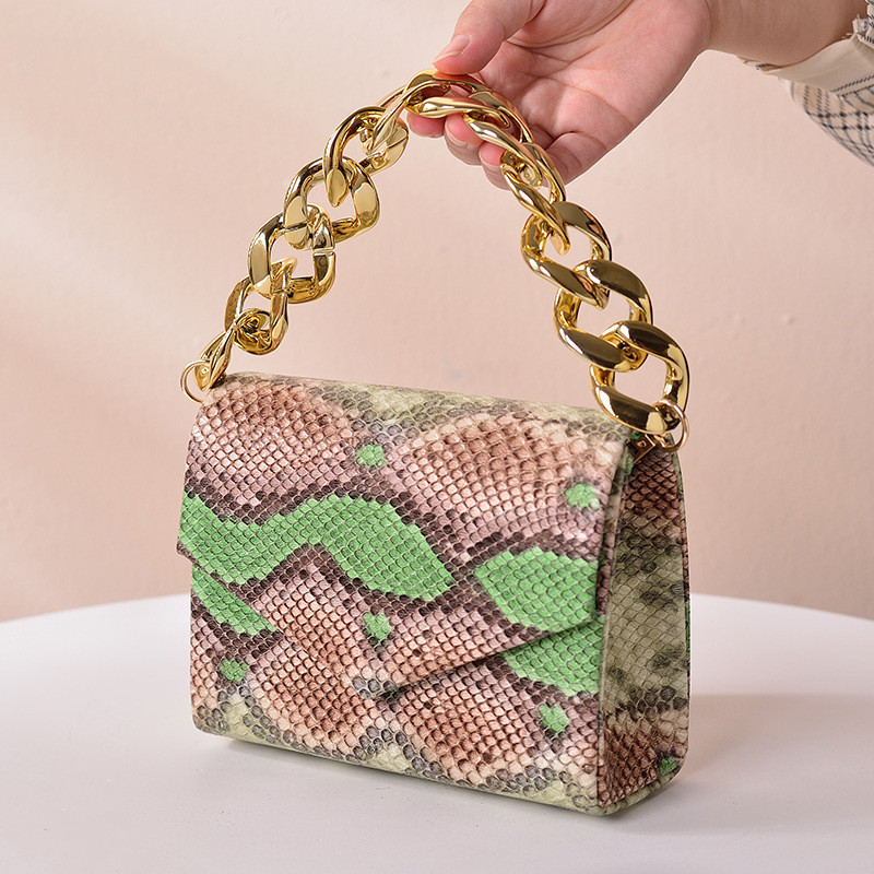 Snakeskin Pattern Leather Metal Chain Square Handbag