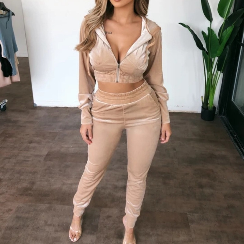 Euro-American Women'S New Autumn And Winter Fashion Sexy Korean Velvet Hooded Casual Two-Piece Suit