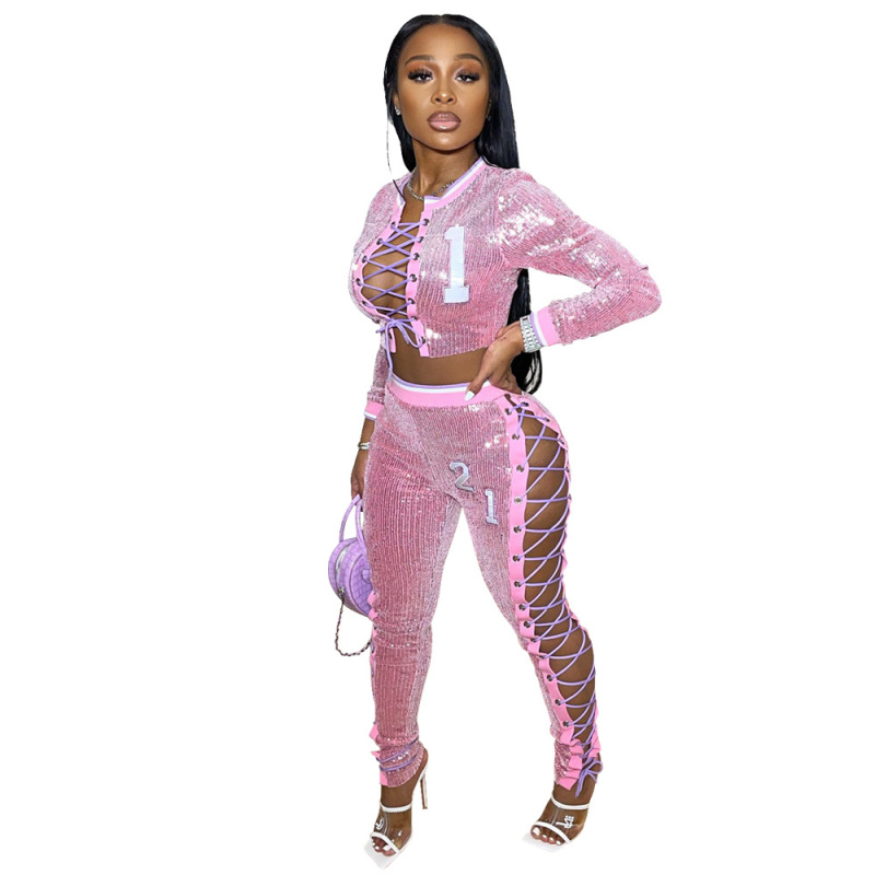 New High-Waist Pants Printed Sexy Sweater Fleece Sweater Long-Sleeved Straight Yoga Temperament Commuter Sequined Two-Piece Set