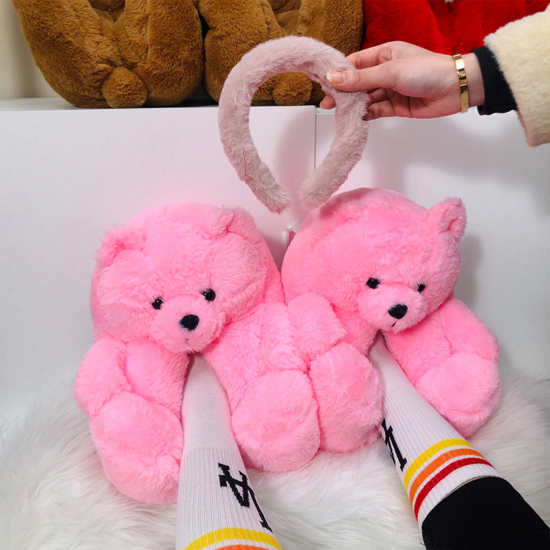 Plush Headband Accessories And Fur Bear Slippers Set
