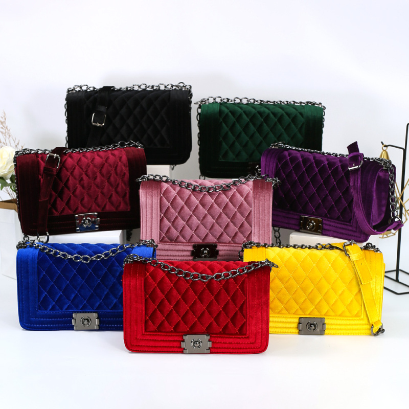 Ins 8-Color Velvet Diamond Chain Bag Crossbody Handbags Winter New Product  Women Hand Bags Ladies Purses And Handbags