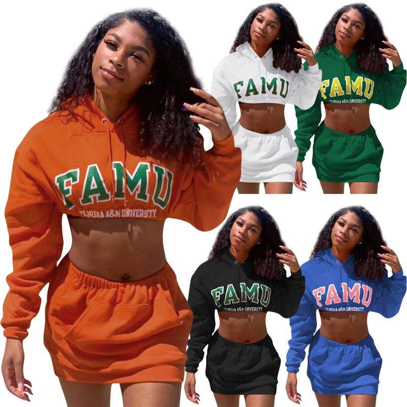 Amazon Euro-American Women'S Autumn Bag Hip Skirt Long-Sleeved Hooded Sweater Miniskirt Two-Piece Suit