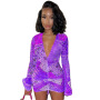 Wholesale Sexy Deep V-neck Printed Flared Sleeves Dress Summer Long Sleeve Pleat Short Dress Ladies Dress 2021