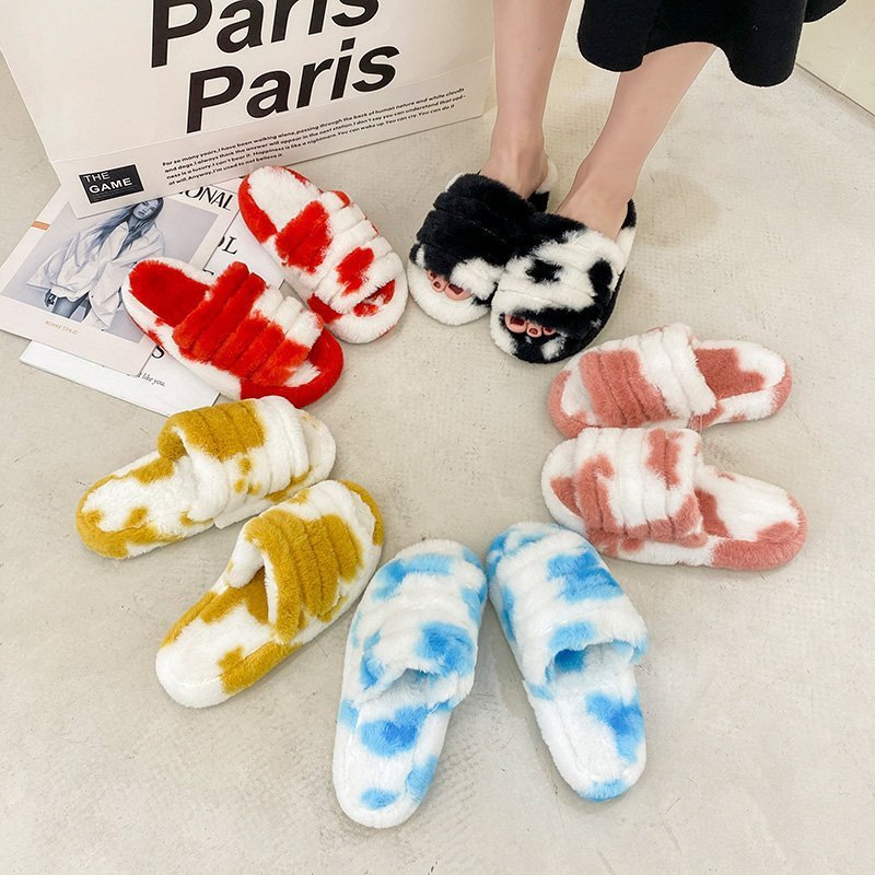 Autumn And Winter Stockpile House Women'S Slippers Tie Dyed Slippers Cute And Comfortable Plush Fluffy Fur Slippers