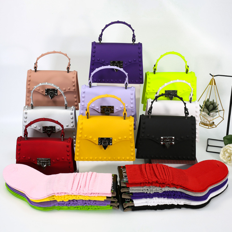 Hot Sales Pvc Leather Combination Fashion Matte Jelly Bag Rivet With Winter Souch Sock 2 Pieces Set Women Hand Bags And Purses