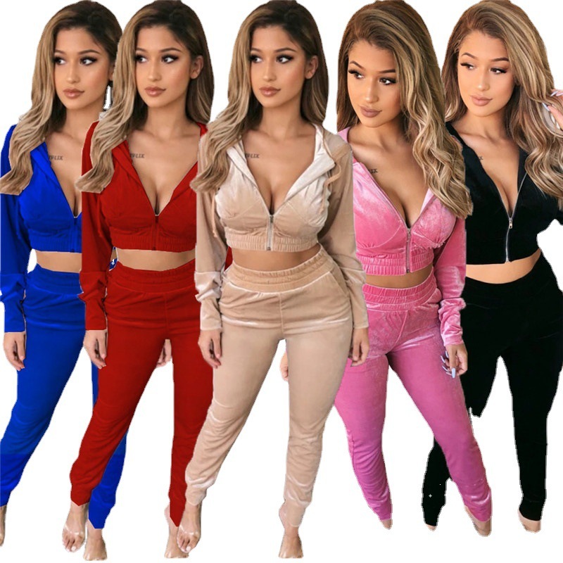 Euro-American Women'S New Autumn And Winter Fashion Sexy Korean Velvet Hooded Casual Two-Piece Suit