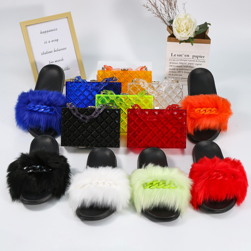 Plush Slippers And PVC Jelly Diagonal Women Square Bag