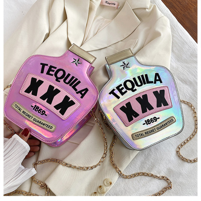 Creative Fun Laser Sequin Wine Bottle Bag Cross body bag Handbags 2020 Ins Ins New Embroidery Letter Women Shoulder Bag Handbag