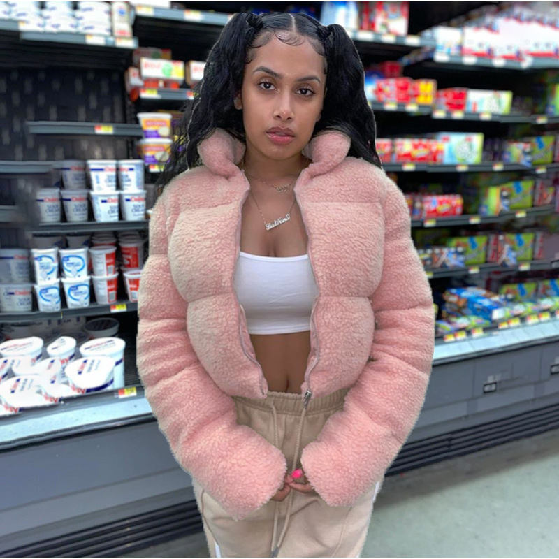 Women'S Clothing New Autumn And Winter Women'S Pure Color Fashion Stand-Up Collar Zipper Long-Sleeved Warm Lamb Cotton Jacket