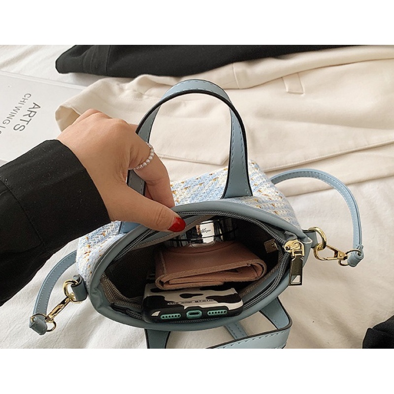 Checked Bucket Bag Woolen Wool Handbag Women's Bag