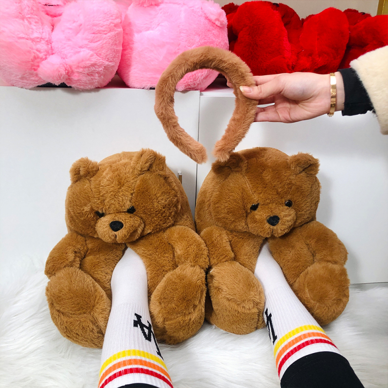 Plush Headband Accessories And Fur Bear Slippers Set