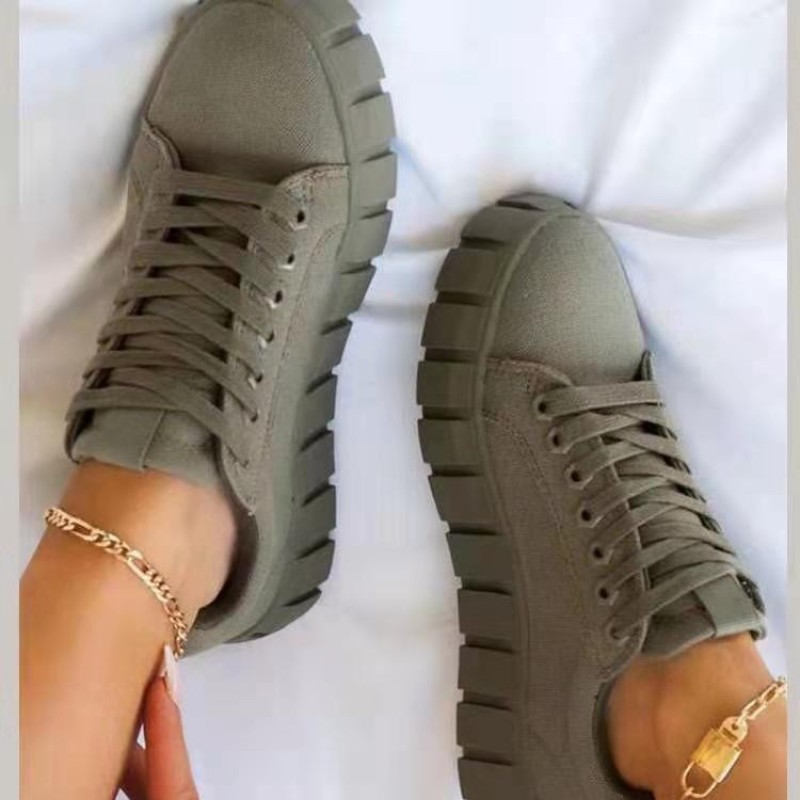 New Round Toe Thick-Soled Front Lace-Up Canvas  Women'S Foreign Trade Platform Shoes White Shoes Printing Single Shoes