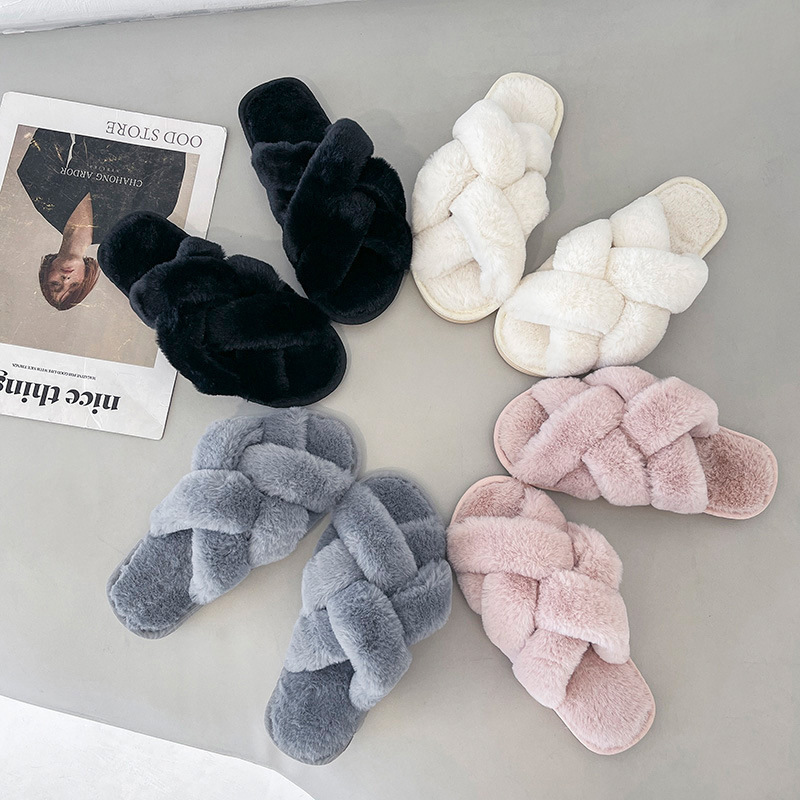 Women's Cross-Hair Slippers To Keep Warm Flat Slippers