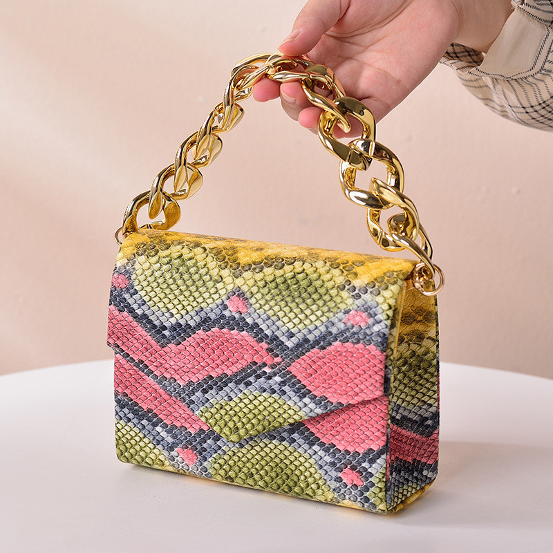 Snakeskin Pattern Leather Metal Chain Square Handbag