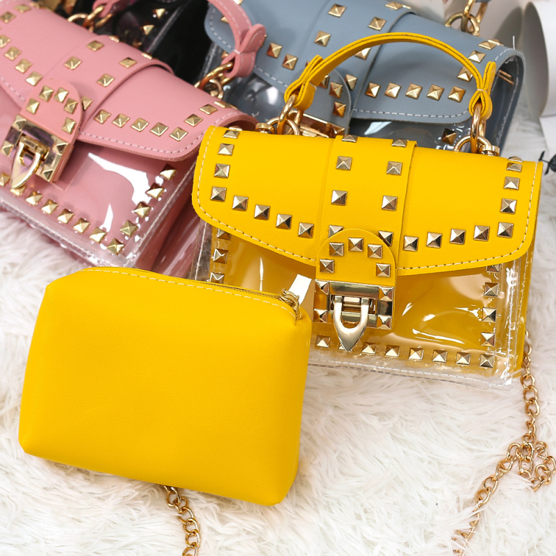 2021 Wholesale Ins Fashion Transparent Shoulder Handbag Pvc Jelly Rivet Bags Women Hand Bags Ladies Purses Handbags Girl
