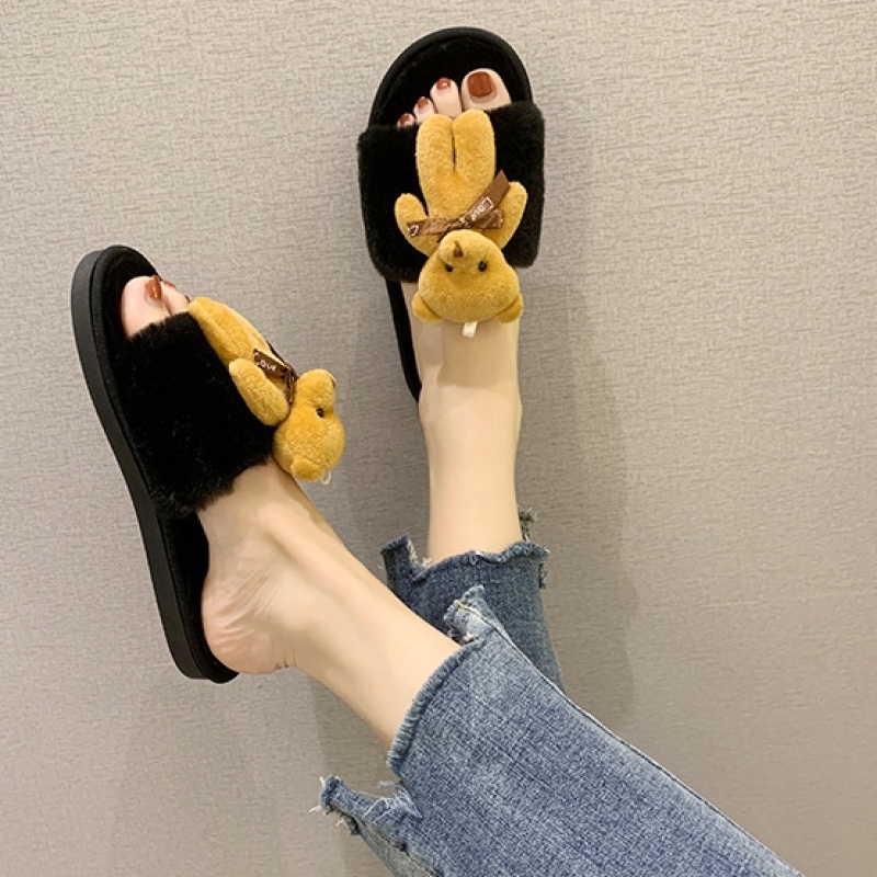 INS Cartoon Influence Wool Slippers For Women To Wear Outside Home Indoor Anti Skid Teddy Bear Slippers In Autumn And Winter