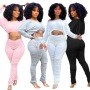 Women'S Autumn And Winter Simple Fashion Casual Sports Round Neck Pleated Drawstring Long-Sleeved Trousers Suit 2 Pieces Set