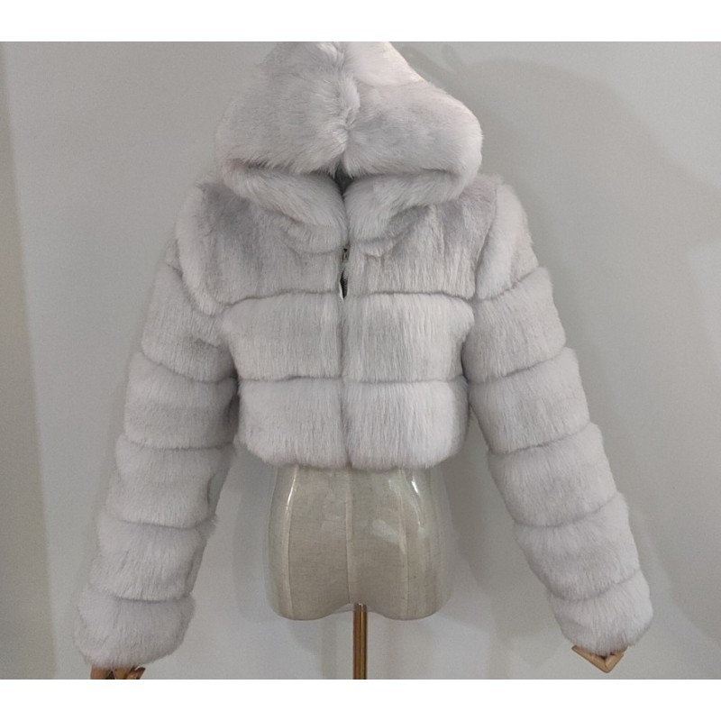 Euro-American Fur Coat Short Hooded Faux Fur Coat Imitation Fox Hair Long-Sleeved Stitching Female Coat