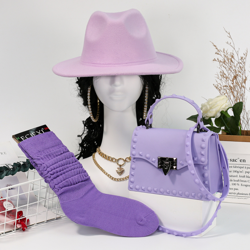 Hot Sale Pu Learher Handbags Fedor Hat Slouch Sock 3 Pieces Set Luxury Handbags For Women Purses Set Women Hand Bags