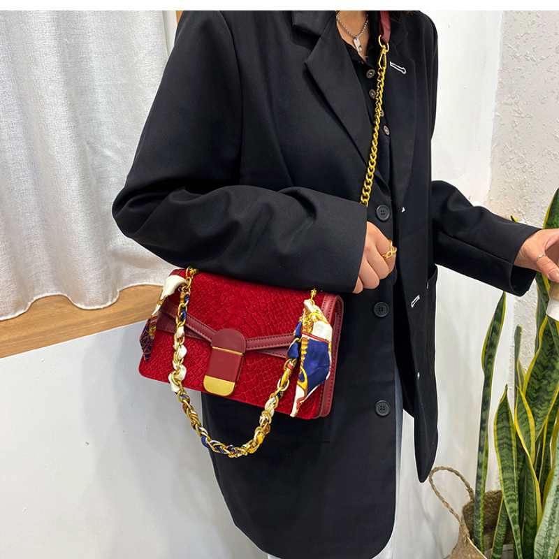 Silk Scarf Chain Shaped Velvet Crossbody Small Square Bag Handbag