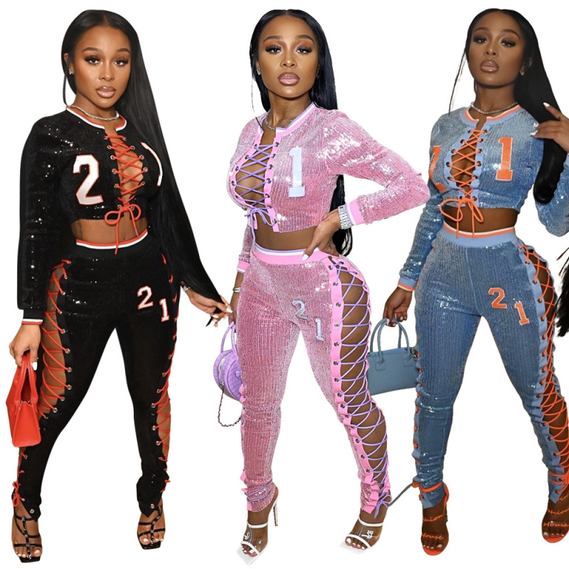 New High-Waist Pants Printed Sexy Sweater Fleece Sweater Long-Sleeved Straight Yoga Temperament Commuter Sequined Two-Piece Set