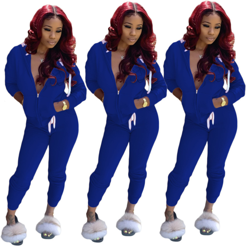 Amazon Hot Sale Autumn And Winter Euro-American Women'S Solid Color Suit Sports Two-Piece Suit
