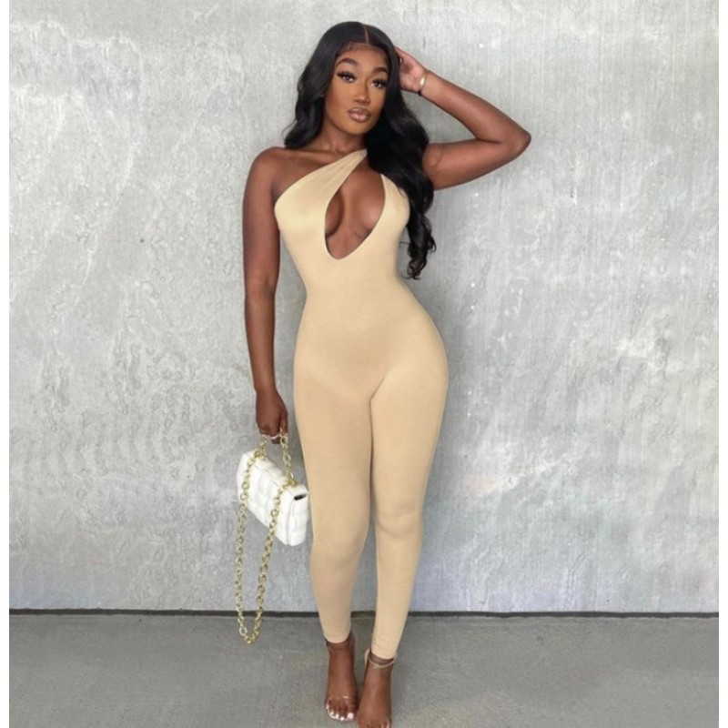 Aliexpress Summer One-Shoulder Hollow Sexy Solid Color High Waist Skinny Sports Jumpsuit