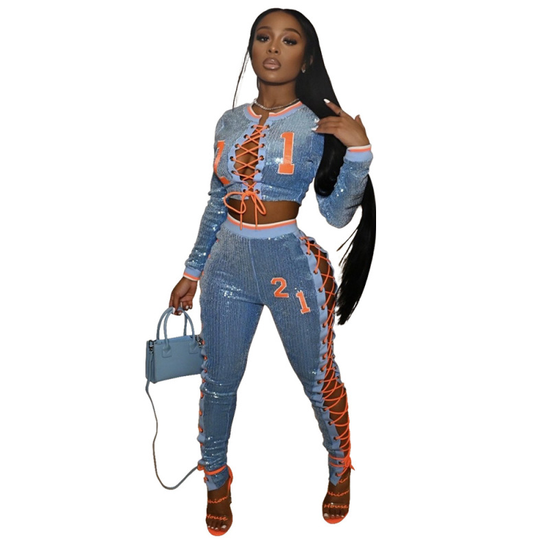 New High-Waist Pants Printed Sexy Sweater Fleece Sweater Long-Sleeved Straight Yoga Temperament Commuter Sequined Two-Piece Set