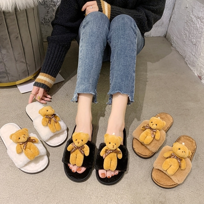 INS Cartoon Influence Wool Slippers For Women To Wear Outside Home Indoor Anti Skid Teddy Bear Slippers In Autumn And Winter