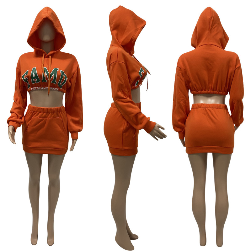 Amazon Euro-American Women'S Autumn Bag Hip Skirt Long-Sleeved Hooded Sweater Miniskirt Two-Piece Suit