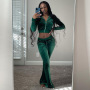 American Fashion Casual Solid Color Velvet Rib Stitching Sports And Leisure Women Hoodie Suit Two-Piece Flared Pants Ladies