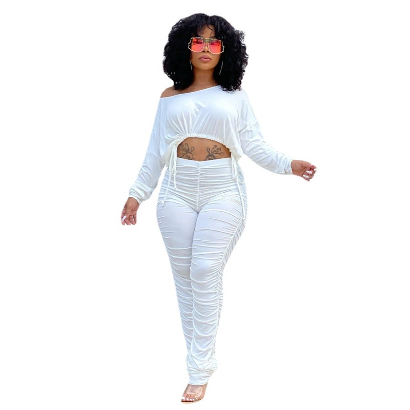 Women'S Autumn And Winter Simple Fashion Casual Sports Round Neck Pleated Drawstring Long-Sleeved Trousers Suit 2 Pieces Set