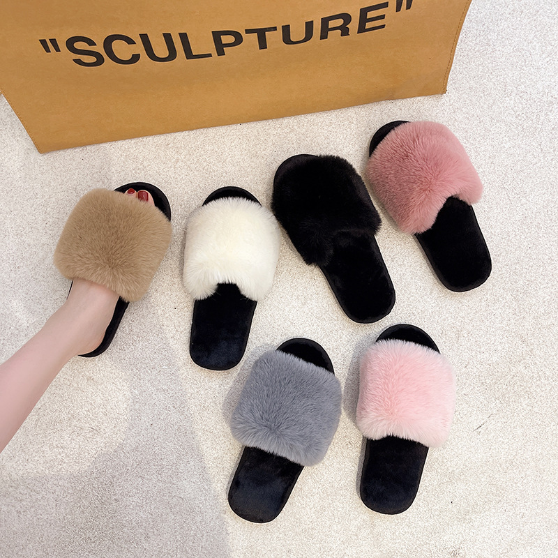 Flip Flops Plush Slippers Women Flat-Bottomed Plush Outer Wear Cotton Slippers