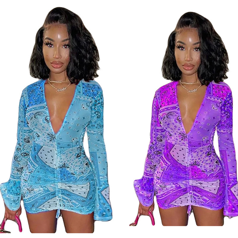 Wholesale Sexy Deep V-neck Printed Flared Sleeves Dress Summer Long Sleeve Pleat Short Dress Ladies Dress 2021