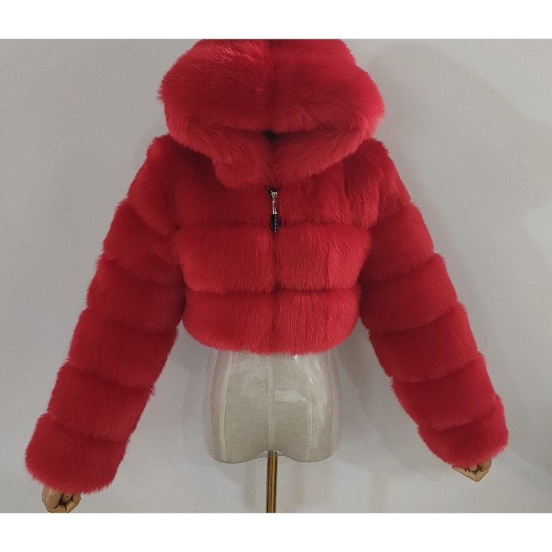 Euro-American Fur Coat Short Hooded Faux Fur Coat Imitation Fox Hair Long-Sleeved Stitching Female Coat