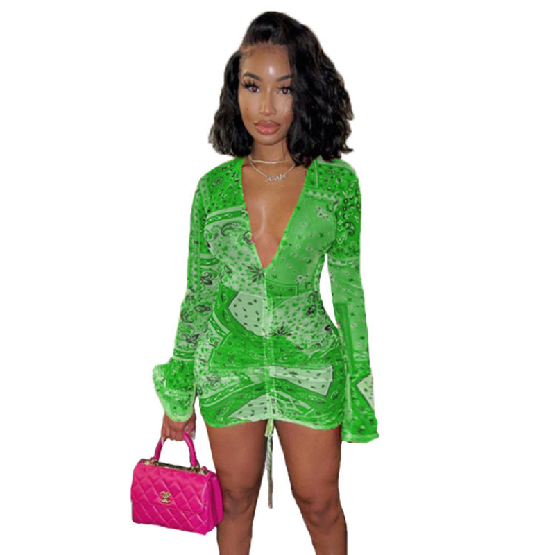 Wholesale Sexy Deep V-neck Printed Flared Sleeves Dress Summer Long Sleeve Pleat Short Dress Ladies Dress 2021