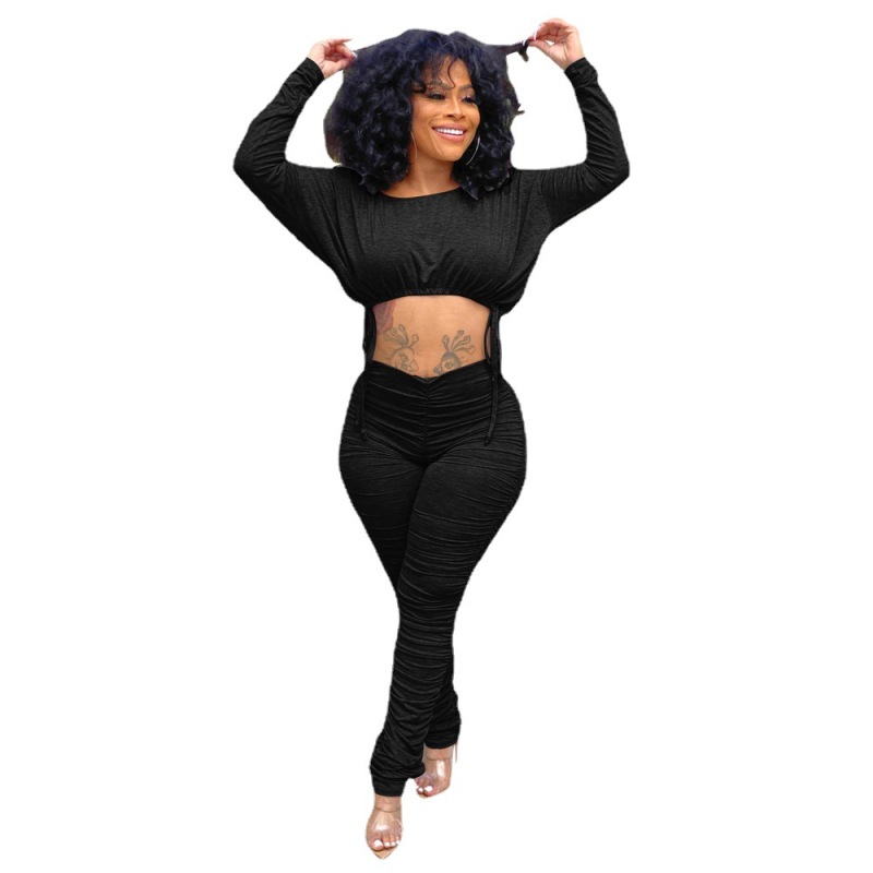 Women'S Autumn And Winter Simple Fashion Casual Sports Round Neck Pleated Drawstring Long-Sleeved Trousers Suit 2 Pieces Set