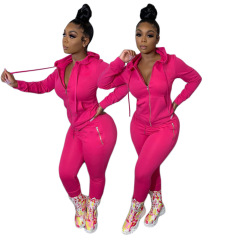 Amazon Wish Fall Hot Cross-Border European And American Women Solid Color Suit Personalized Zipper Sports Sweater Two-Piece Suit