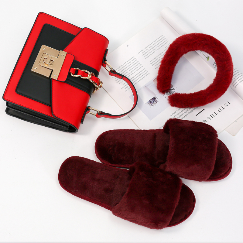 Winter Three-Piece Set Headband Headwear And Plush Slippers And Leather Hardware Lock Bag