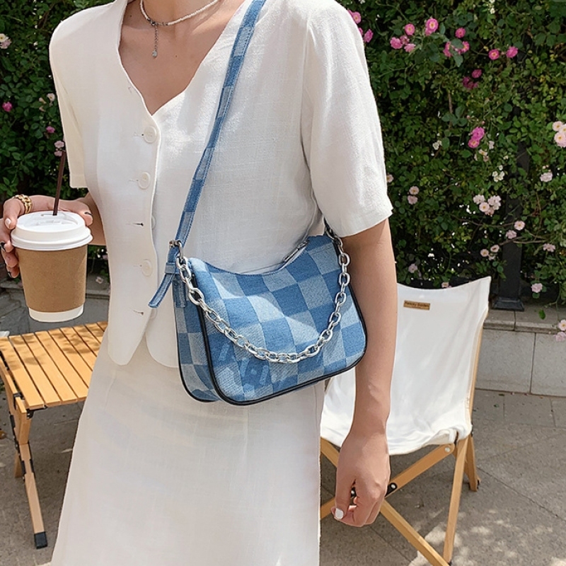 Korean Trendy Simple Ladies Grid Pattern Purses And Handbags Elegant Woman Chain Crossbody Bag Leather & Women Shoulder Bag
