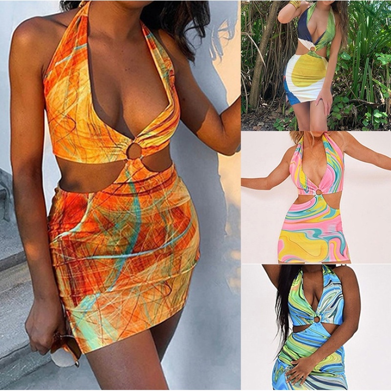 Summer Trends Sexy Hang Neck Backless Ladies Dress Sleeveless Print Women Dress Short Dress
