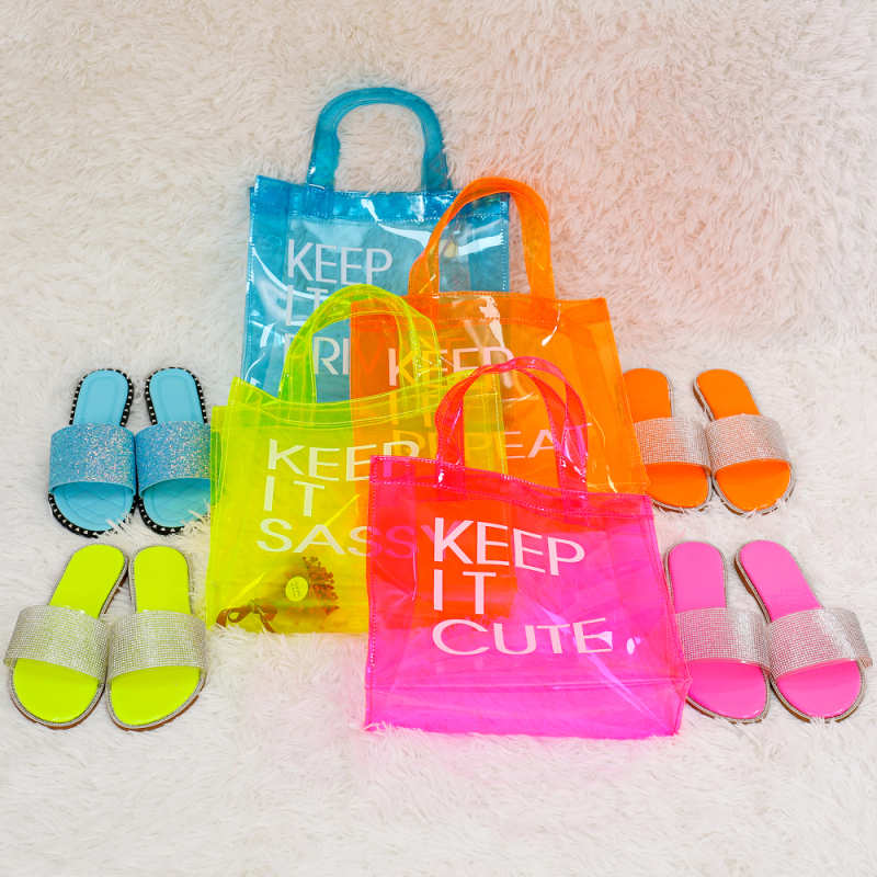 Популярність Мода Колокейшн ПВХ Прозорі сумки Плече Жіночі сумки Гаманець та взуття Блискітки Тапочки Набір Жіночий