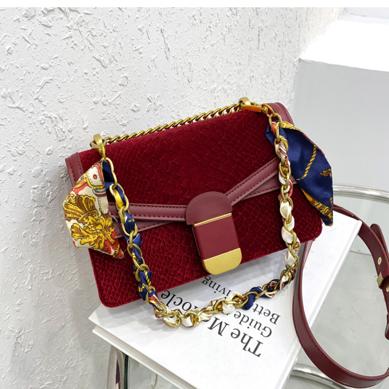Silk Scarf Chain Shaped Velvet Crossbody Small Square Bag Handbag