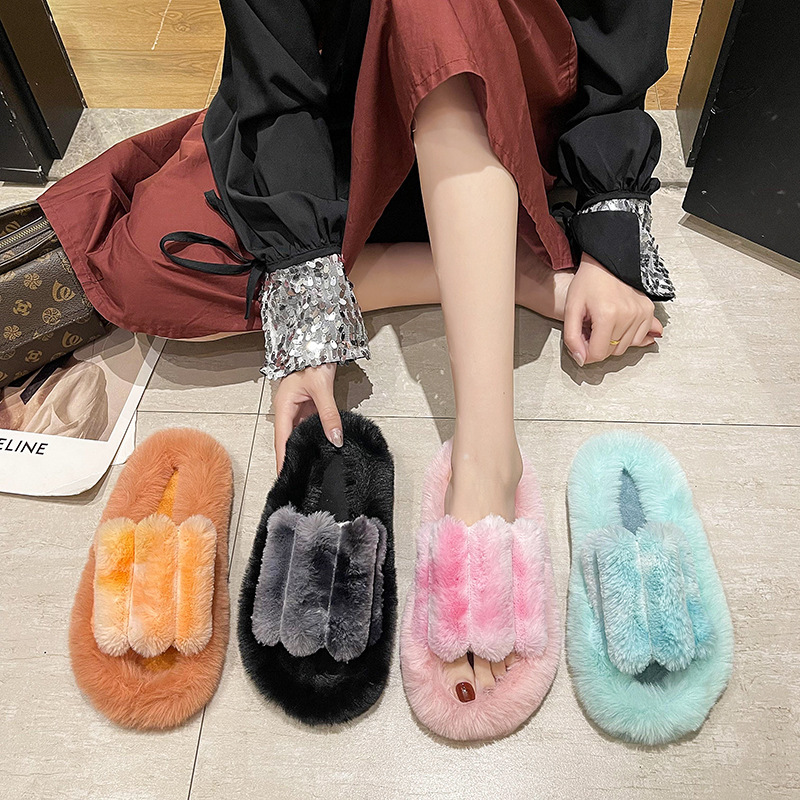 Autumn And Winter New Flip Flops House Slippers Fashion Women'S Slippers Plush Fur Fluffy Soft Slippers